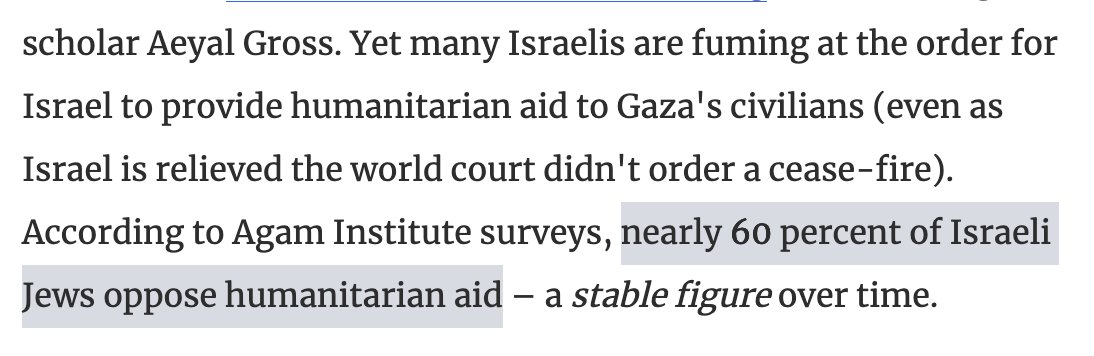 60% of Jewish Israelis oppose allowing humanitarian aid into Gaza. 

A super majority of Jewish Israelis think the 2.3M people in Gaza should die of dehydration and starvation.
 haaretz.com/israel-news/20…