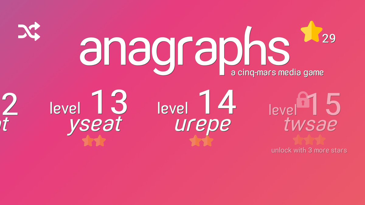 cinqmarsmedia's tweet photo. Anagraphs was just listed as a top Android word game by DroidGamers! Available on Android, iOS, Windows, Mac and Linux.
https://t.co/L3MxZj7Vpg
#Anagraphs #IndieGames #DroidGamers https://t.co/6Dt5M5KGvP
