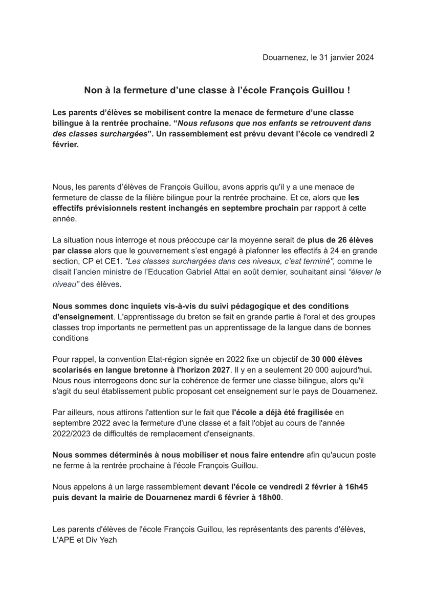 MaximeanTouzet's tweet image. Communiqué des parents d'élèves de l'école François Guillou de #Douarnenez. Non à la fermeture programmée d'une classe bilingue à la rentrée prochaine !! #bzhg #brezhoneg @DivYezhBreizh