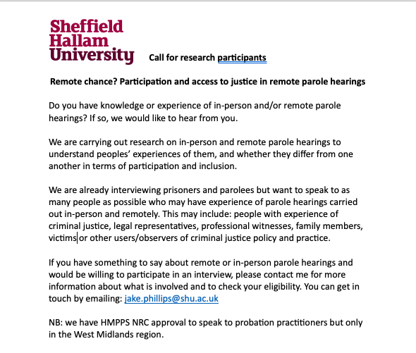 PLS RT: Call for research participants We are doing some research on remote and in-person oral hearings and want to capture as many views as possible. If you have something to say about parole oral hearings we'd like to hear from you. See the image for more details.