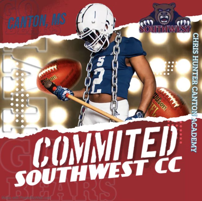 Thanks to all the coaches that recruited and evaluated me… I have decided to play for SOUTHWEST CC @smccfootball 110% commited‼️🐻@stephonhuderson @__CoachSulli @cliff_collins10 @posey_gage @coachlatt41 @RIsonhood @bates @Quade_Smith11