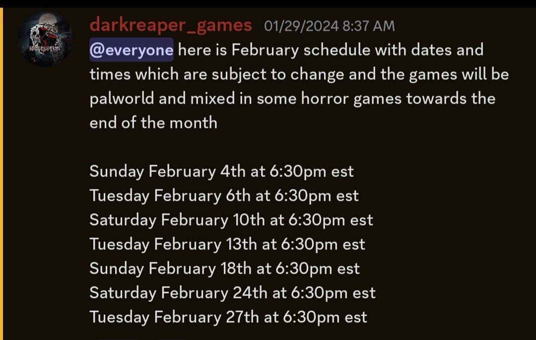 darkreapergame2's tweet photo. #Reaperville here is the February 2024 stream Schedule #SupportSmallStreams #twitchstreamer #TwitchAffilate https://t.co/Iin5kktf5Q
