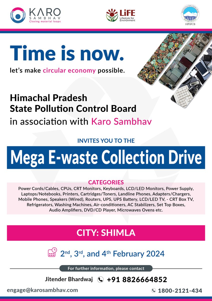 It’s time to declutter, #recycle responsibly, & bring about a #positive impact on the beautiful #Himalayan landscape of #HimachalPradesh. From #Shimla to #Solan, we’re gearing up to drive through the districts, collecting #ewaste like never before!

#TwitterX #Repost #HPSPCB