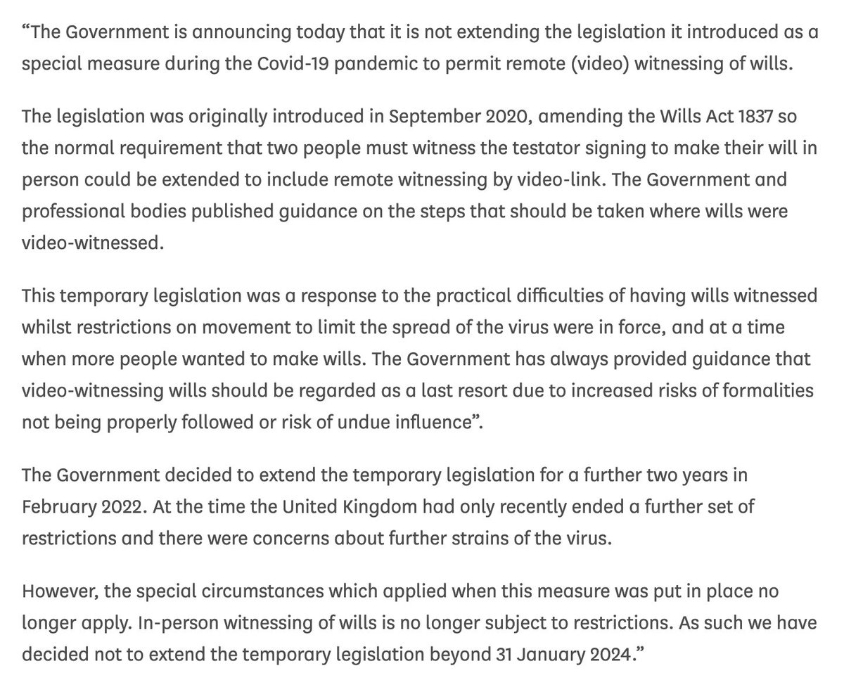 Breaking: From today, newly created video-witnessed Last Will & Testament's will not be valid in England and Wales... questions-statements.parliament.uk/written-statem… #UKLaw #Wills #EOL #EOLplanning