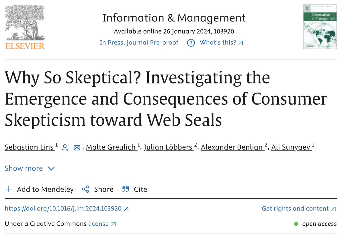 Ever encountered a dubious web seal on the Internet? Did you feel something was wrong? You are not alone! We examine how consumer skepticism emerges and harms their perceptions of system providers embedding such dubious seals. #OpenAccess sciencedirect.com/science/articl… @abenlian