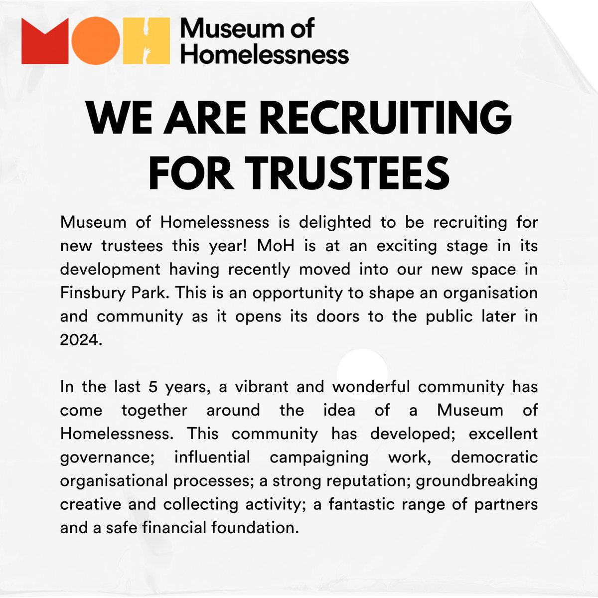 We are recruiting for trustees in 2024! Further information can be found here: museumofhomelessness.org/news/we-are-re… If you have a question please email adam@museumofhomelessness.org