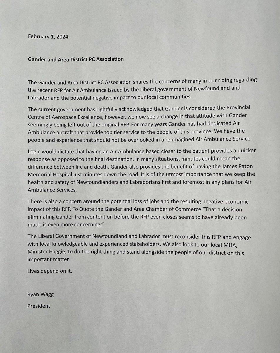 wagg_ryan's tweet photo. See the below statement from the Gander and Area PC District Association regarding the Air Ambulance RFP. @townofgander @gandercommerce #nlpoli @PCPartyNL https://t.co/gEEqb5RZqp