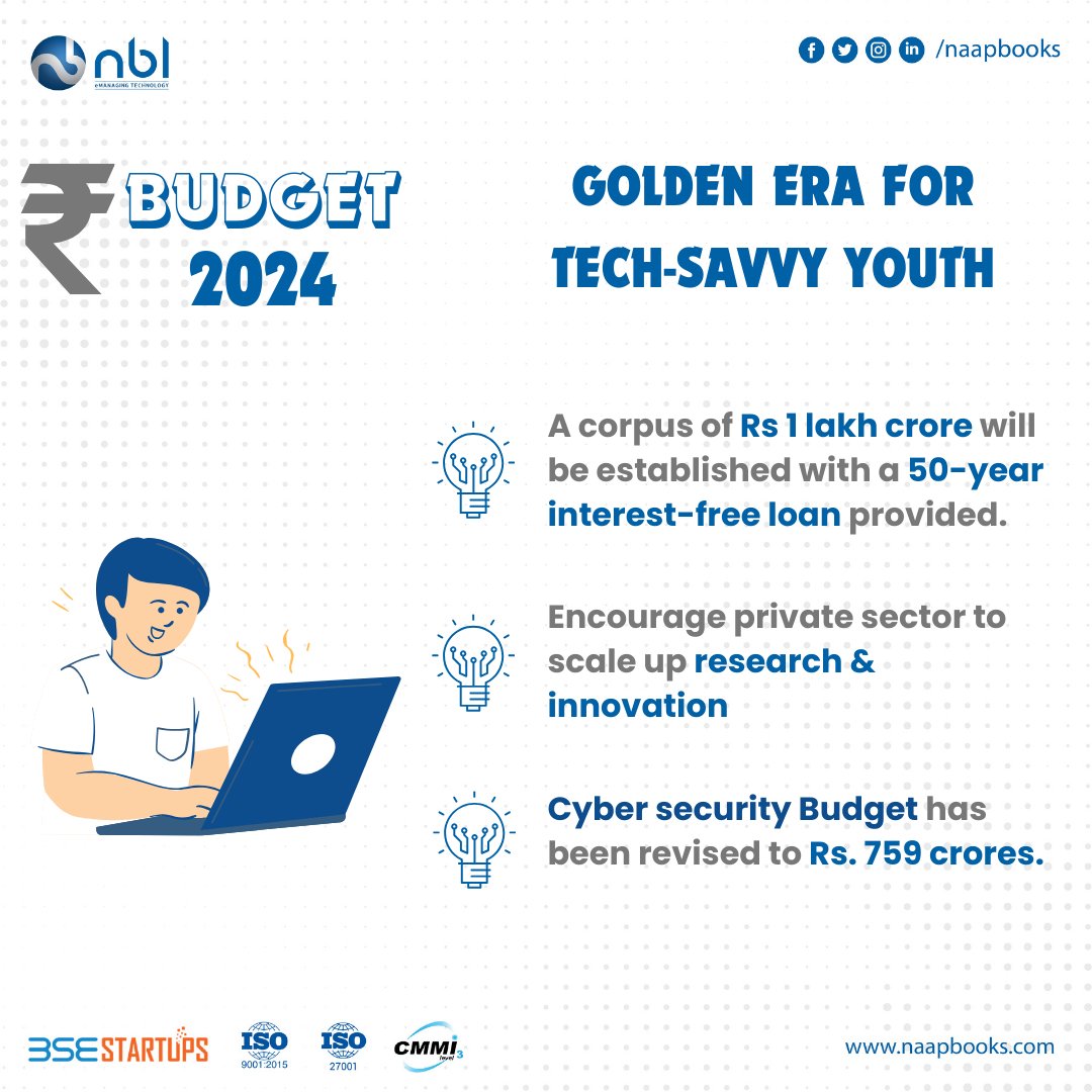 #Budget2024: Golden Era For Tech-Savvy Youth

A corpus of Rs 1 lakh crore will be established with a 50-year interest-free loan provided.

Encourage the private sector to scale up research & innovation.

#Budget #UnionBudget #UnionBudget2024 #ViksitBharatBudget