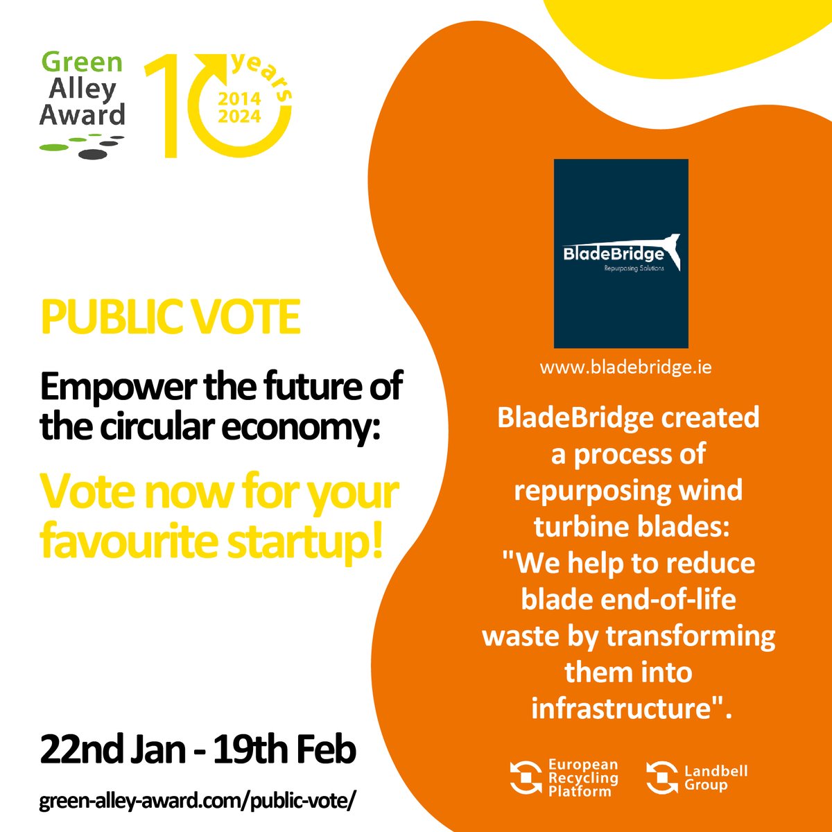 ERPIreland's tweet photo. We are delighted to see Irish company Bladebridge has made the final 20 in the Pan-European Green Alley Awards for start-ups investing in the circular economy.

Lets get behind them and take 20 seconds to vote them into the final 6.

Voting here --> https://t.co/Dm6JzVti0x https://t.co/6tN4SfIbOT