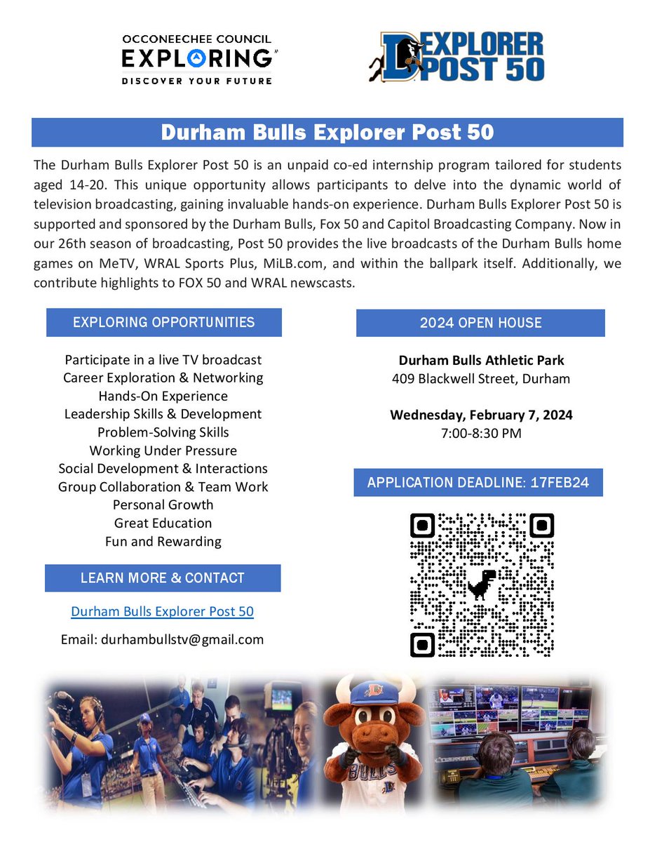 GL_Careers's tweet photo. The Durham Bulls Explorer Post is a program tailored for students aged 14-20. This opportunity allows participants to delve into the world of television broadcasting, &amp; gain invaluable hands-on experience. @GreenLevelHigh @G_L_PTSA @gatorseye @GLHS_StdentSvcs @ghhscareers https://t.co/1JYovwdxz3