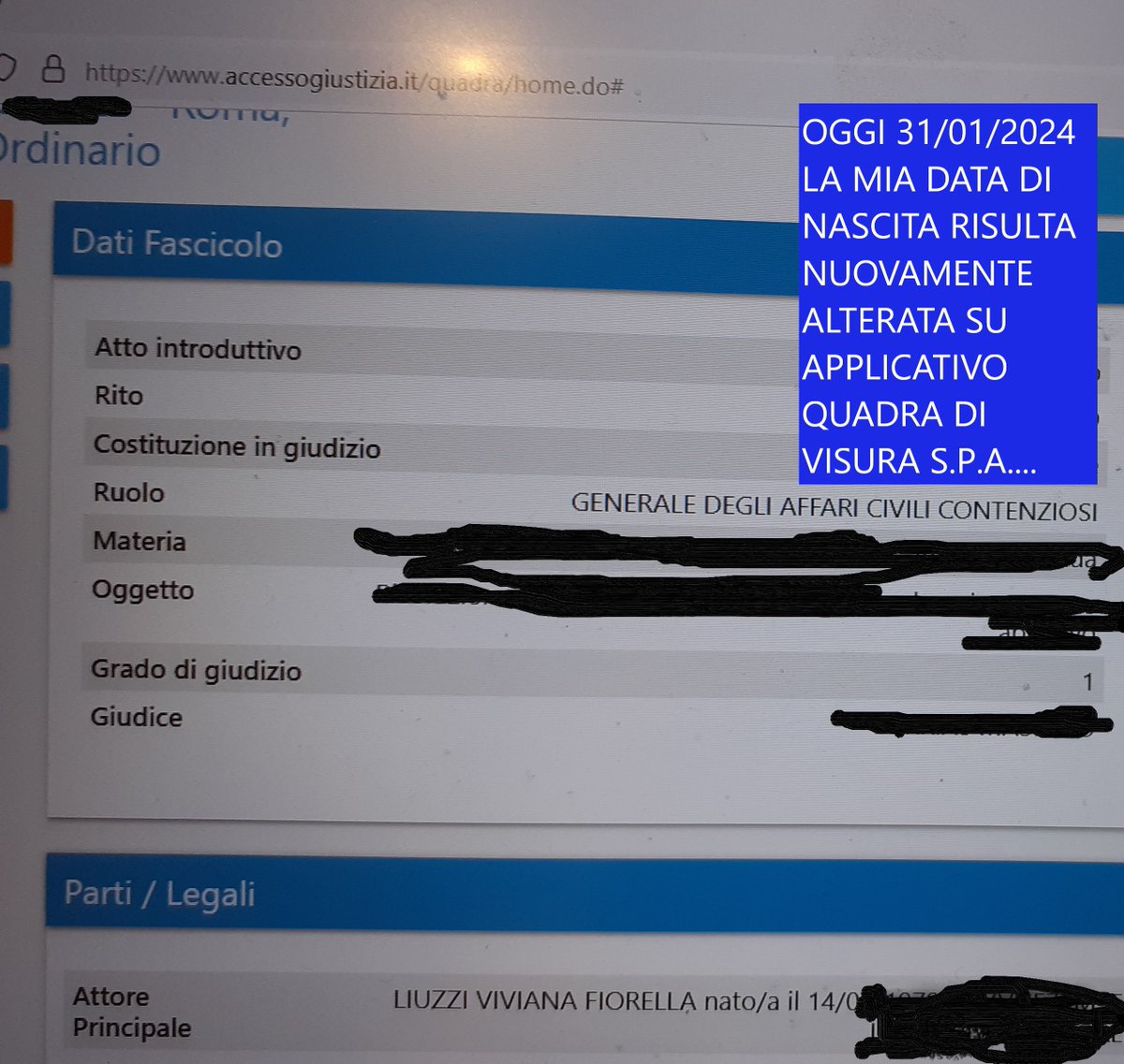 LiuzziVivianaF's tweet photo. #1febbraio- #cybercrime La mia #data di #nascita continua a risultare nuovamente #alterata a causa di terzi ignoti a momenti alterni su Servizio #Processo #Telematico #Quadra- Lextel di Visura SpA - Tinexta Group S.p.A
Segnalo che nuovamente, come accade ormai da oltre due anni (e come già segnalato alle autorità competenti e alle parti interessate), la mia data di nascita continua ad essere alterata a intermittenza sull'applicativo Servizio Processo Telematico Quadra- Lextel di #Visura S.p.A.
Il 30/01/2024 mi sono collegata all'applicativo e, come si evince dalla foto, la mia data risultava #corretta. Il 31/01/2024 invece, collegandomi di nuovo, la mia data di nascita risultava ancora una volta #alterata.
Ritengo che quello che accade sia qualcosa di #anomalo e grave causato da terzi ignoti ma avente uno scopo preciso, perchè questa alterazione della mia data di nascita l'ho riscontrata in altri portali e account di particolare rilevanza quindi l'alterazione potrebbe essere provocata da terzi ignoti a mio danno e a danno di #Visura Spa proprio per poter #accedere #abusivamente al mio account.
La situazione è di una gravità estrema per cui sto provvedendo a rivolgermi alla #Procura competente per presentare l'ennesima #denuncia contro #ignoti.
L'incredibile e inaccettabile- in uno stato di diritto- #senso di #impunità di chi continua ad accedere abusivamente al sistema informatico deve preoccupare non solo me ma tutti noi #avvocati e la stessa #Visura Spa.
Di queste continue alterazioni e anomalie ho ovviamente informato, in ripetute occasioni il Consiglio dell'Ordine degli Avvocati di Roma e anche #Tinexta Group e #Visura S.p.A.
Chiedo al @OrdineAvvROMA , al @minGiustizia
e al @CNF_it Vi risulta che ad altri Colleghi #avvocati stia accadendo questo?
#avvocati #roma #italia #cybercrime #fascicoli #polisweb #lextel #lawyer #rome #alterazioni #visura #quadra #procura #italy #tinexta #avvocat #fascicoli