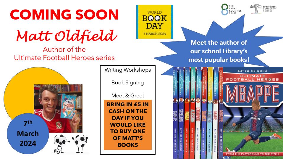 We're getting very excited about Matt Oldfield's visit on 7th March. We can't wait to welcome him on World Book Day for a full day of writing workshops, book signings and meet & greets. #WeTakeLiteracySeriously #WorldBookDay @footieheroesbks