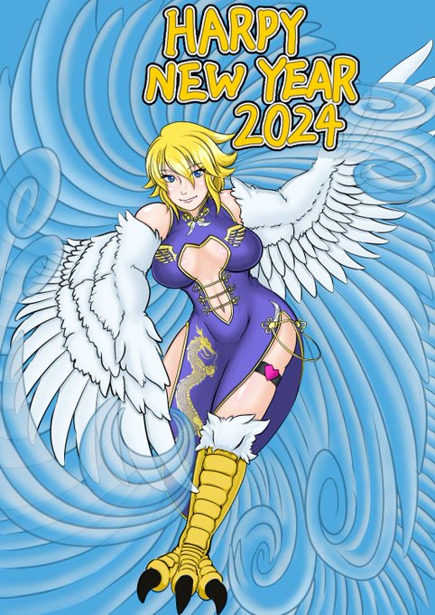 Harpy new year 2024 | ハガネン #pixiv  遅ればせながら新年絵。龍柄チャイナドレスは安直だって?いや、実はポーズに竜の絡む元ネタがあってですねえ 