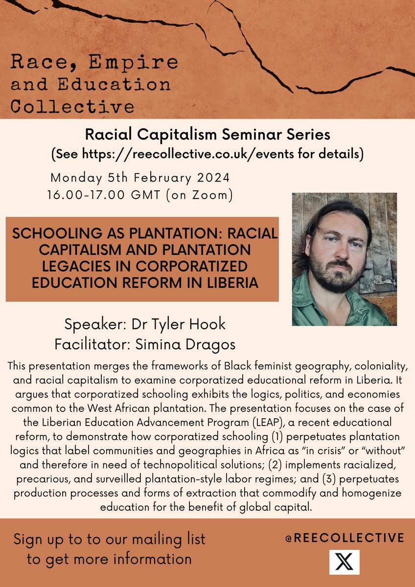 To continue our series on Black Lives Matter, Education and Racial Capitalism, we will be joined by Tyler Hook via Zoom for the second session on Monday 5th February 4-5 pm (GMT). See you there!