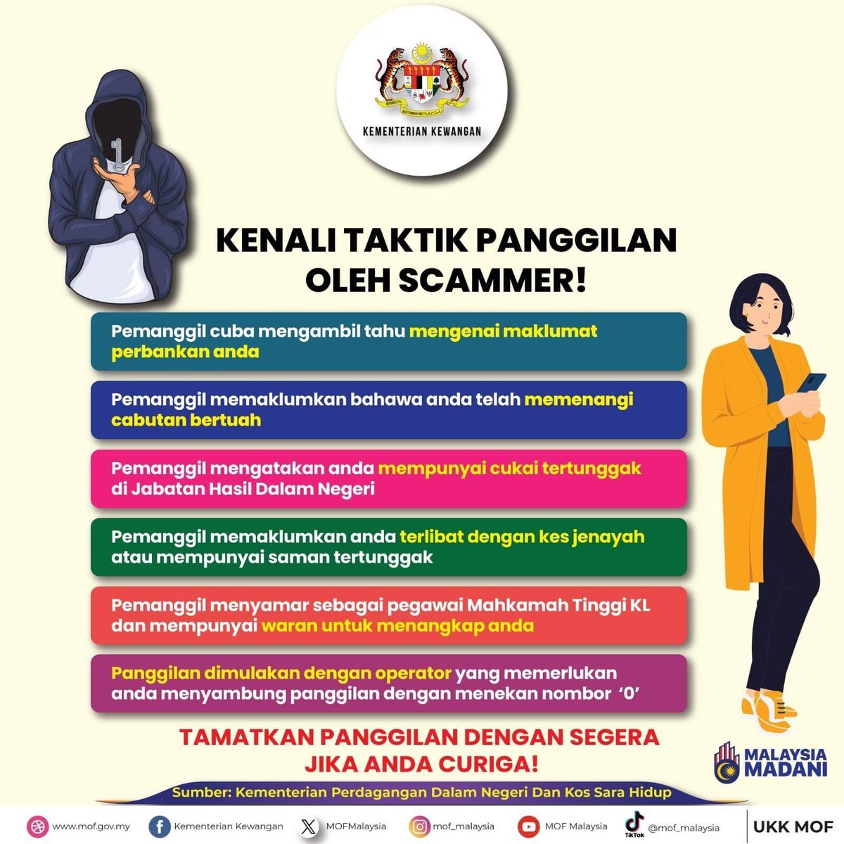 Ingat! Tamatkan panggilan sekiranya anda curiga. Jangan teruskan panggilan.

Kita mestilah sentiasa berhati-hati dan berwaspada.

Sumber: Kementerian Kewangan

#SemakSebelumLabur #JanganKenaScam #ScamAlert #SoalSekatSebar #MalaysiaMADANI