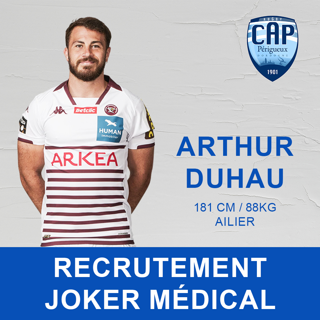 🔵 RECRUTEMENT ⚪️

Le CAP a recruté un joker médical, Arthur Duhau, ailier de 26 ans en provenance du club de l’union Bordeaux-Bègles. 
Il connaît bien le très haut niveau puisqu'il a joué plus de 60 matchs entre la ProD2 et le Top14.

Bienvenue Arthur !