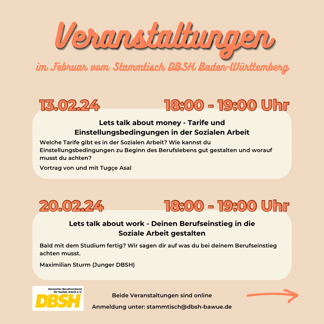 dbshbund's tweet photo. Stammtische des DBSH Baden-Württemberg im Februar und eine Übersicht aller Termine des Jahres 2024! 🗓️

💛Wir freuen uns auf eure Teilnahme!

💡Alle Veranstaltungen finden online ab 18 Uhr statt.

#dbsh  #sozialearbeit #berufsverband #veranstaltungstipps https://t.co/vFfR8zU7wd