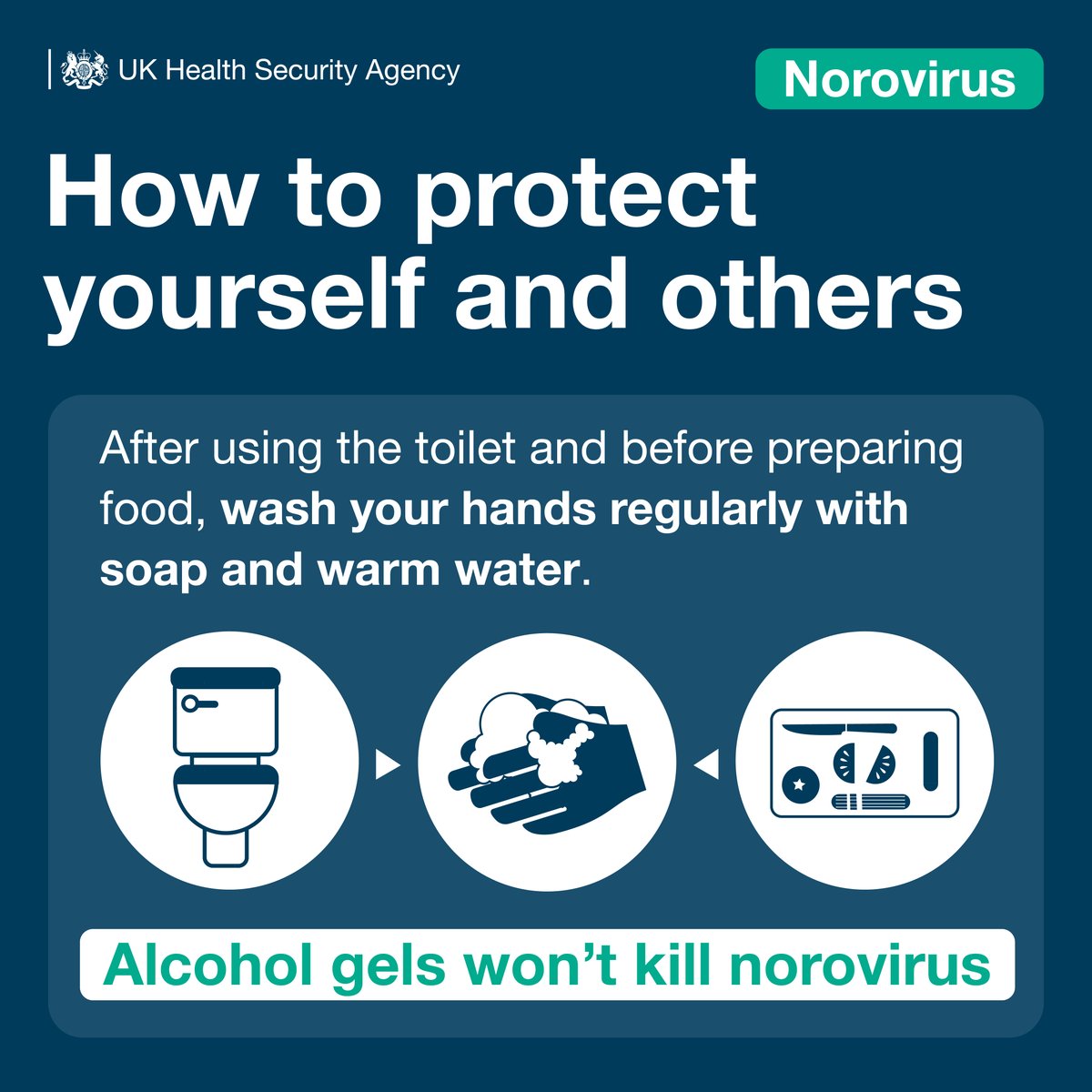 Protect others from norovirus – wash your hands regularly with soap and warm water. 🚽 After going to the toilet 🍲 Before you prepare any food Alcohol gels won’t kill norovirus, so keep washing your hands! More information ➡️ nhs.uk/conditions/nor…