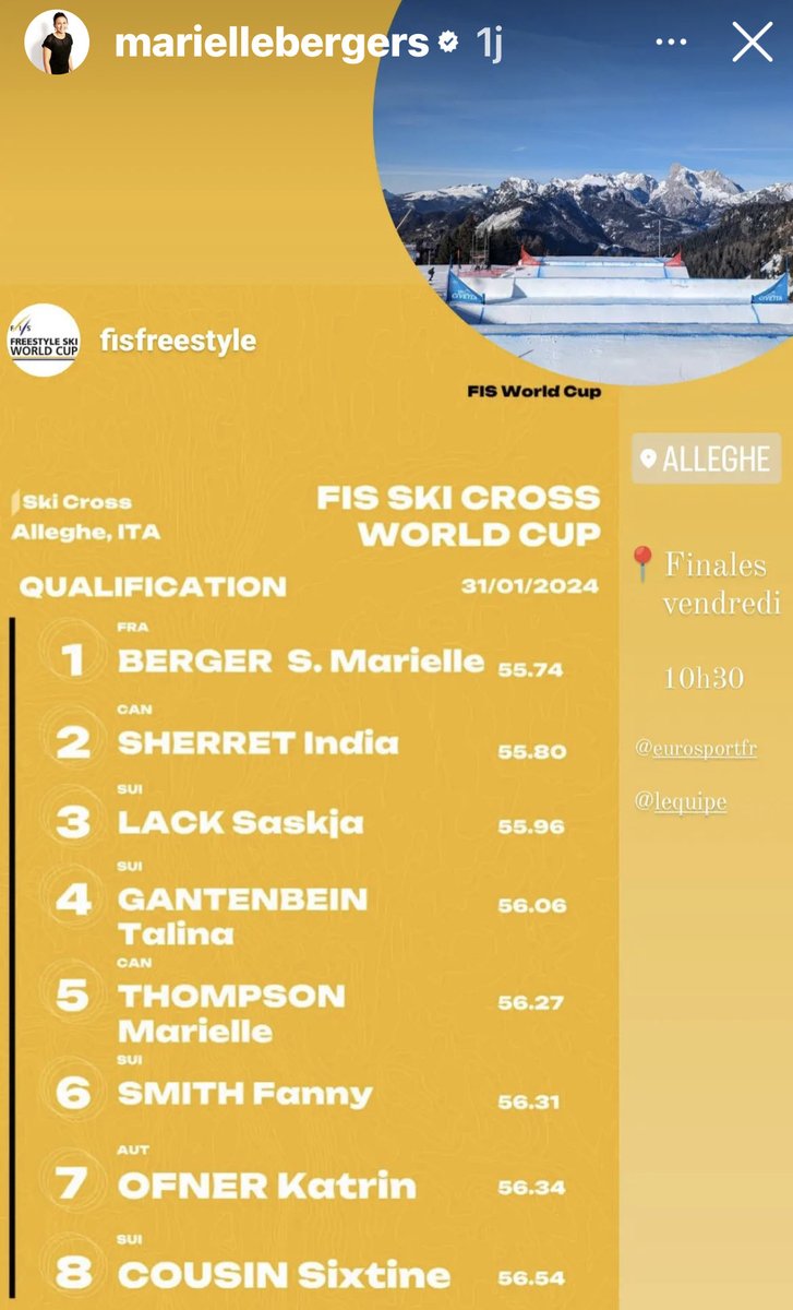 #skicross Il va y avoir du sport demain avec ⁦<a href="/MarielleBerger/">Marielle Berger</a>⁩ sur ⁦<a href="/lequipe/">L'Équipe</a>⁩ à 10:30 #Alleghe