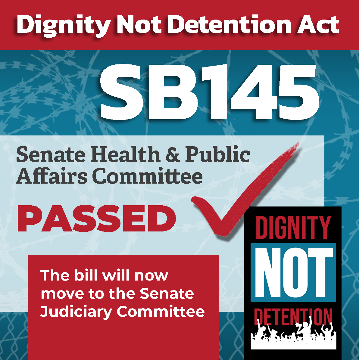 NMILC's tweet photo. Thanks to the efforts of the Dignity Not Detention Coalition and the expert testimony of NMILC's @sophiagenovese, SB145 passed the Senate Health & Public Affairs Committee yesterday with a vote of 6-3. On to the Senate Judiciary Committee!
#dndact #sb145 #DignityNotDetention https://t.co/l6t38xFBbY