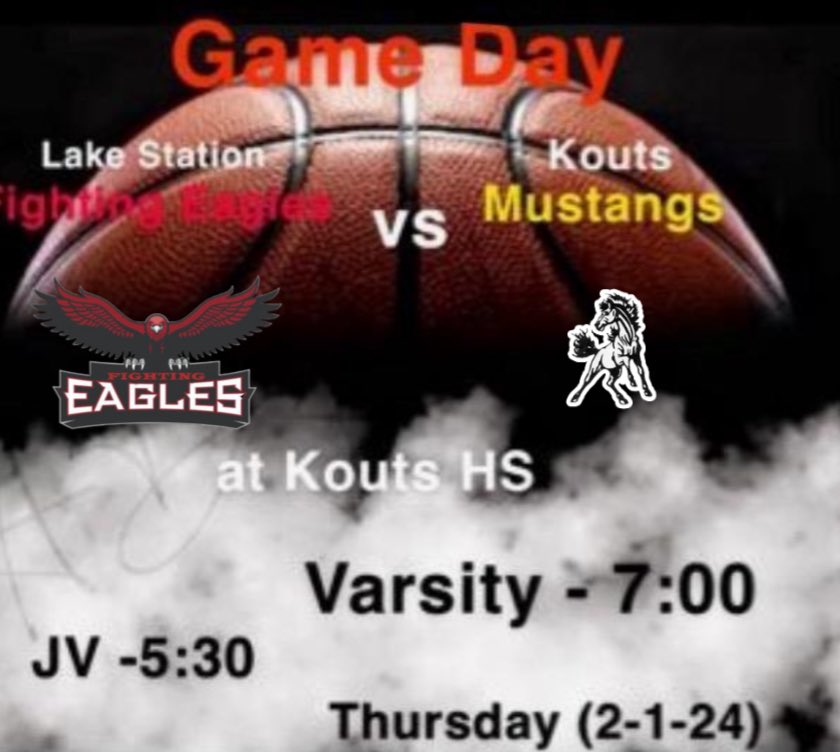 Game day. The Fighting Eagles travel to south Porter County to face the Kouts Mustangs tonight with a 5:30 JV tip and a 7:00 varsity tip. #EaglePride