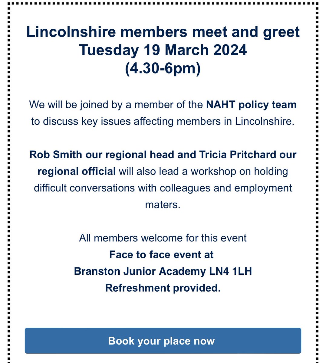 RESED03's tweet photo. @NAHTLincs  To Lincolnshire NAHT members, please check out your Spring newsletter (emailed to you today). Come along to the ‘meet and greet’ on 19.03.24…click on link in your newsletter 😁 https://t.co/lKmDfHm1Aj