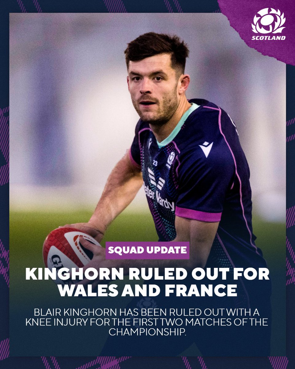 Scotlandteam's tweet image. Squad Update 🏴󠁧󠁢󠁳󠁣󠁴󠁿

Blair Kinghorn has been ruled out with a knee injury for the first two matches of the championship.

#AsOne