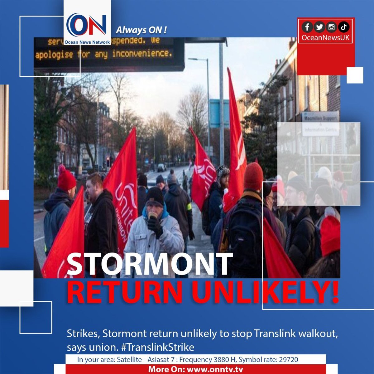 NewsOceanON's tweet image. Strikes, Stormont return unlikely to stop Translink walkout, says union. #TranslinkStrike

#OceanNewsUK #UK #Ocean #breaking #latest #London

More On: oceannewsuk.com

📺 Satellite - Asiasat7 : Frequency 3880 H, Symbol Rate: 29720