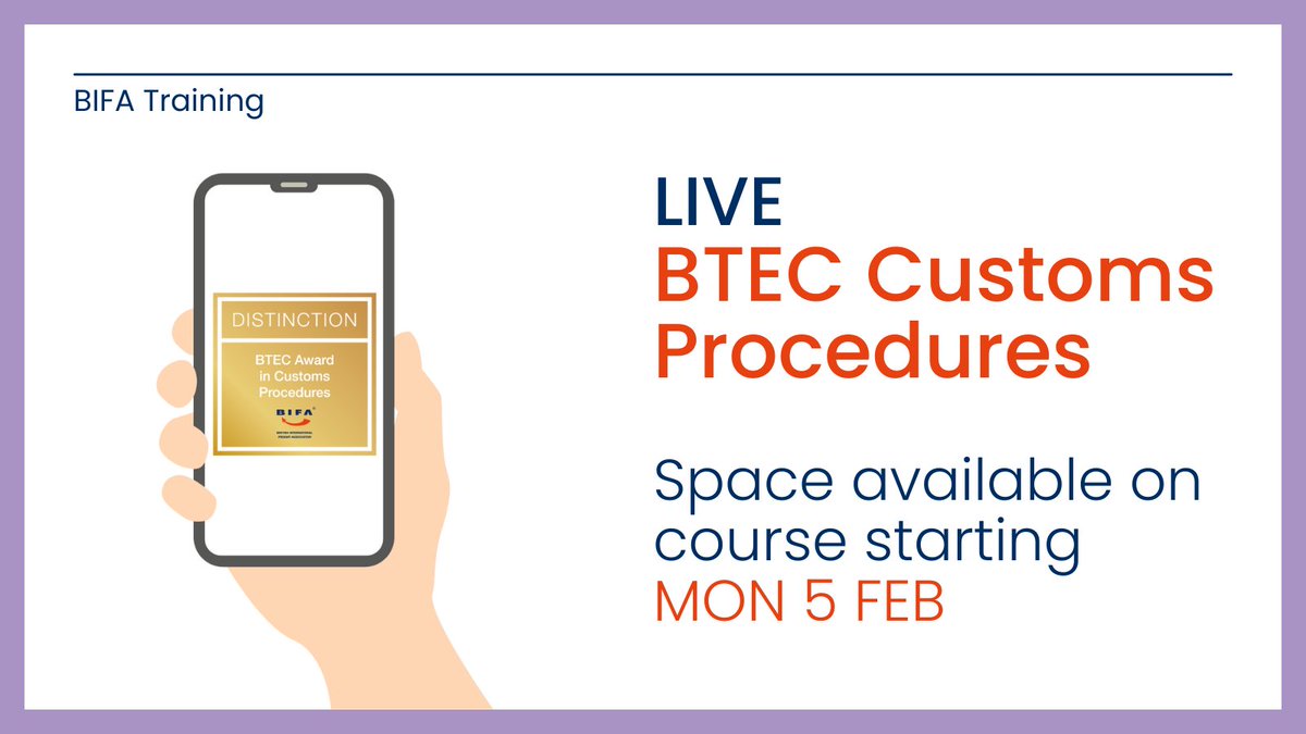 We have space available on our 5-Day online BTEC Customs Export and Import Procedures Course. Mon 05 Feb Tue 06 Feb Mon 12 Feb Mon 26 Feb Mon 11 Mar (AM only) Click here for more info and to book: ow.ly/YRR950QwH7T