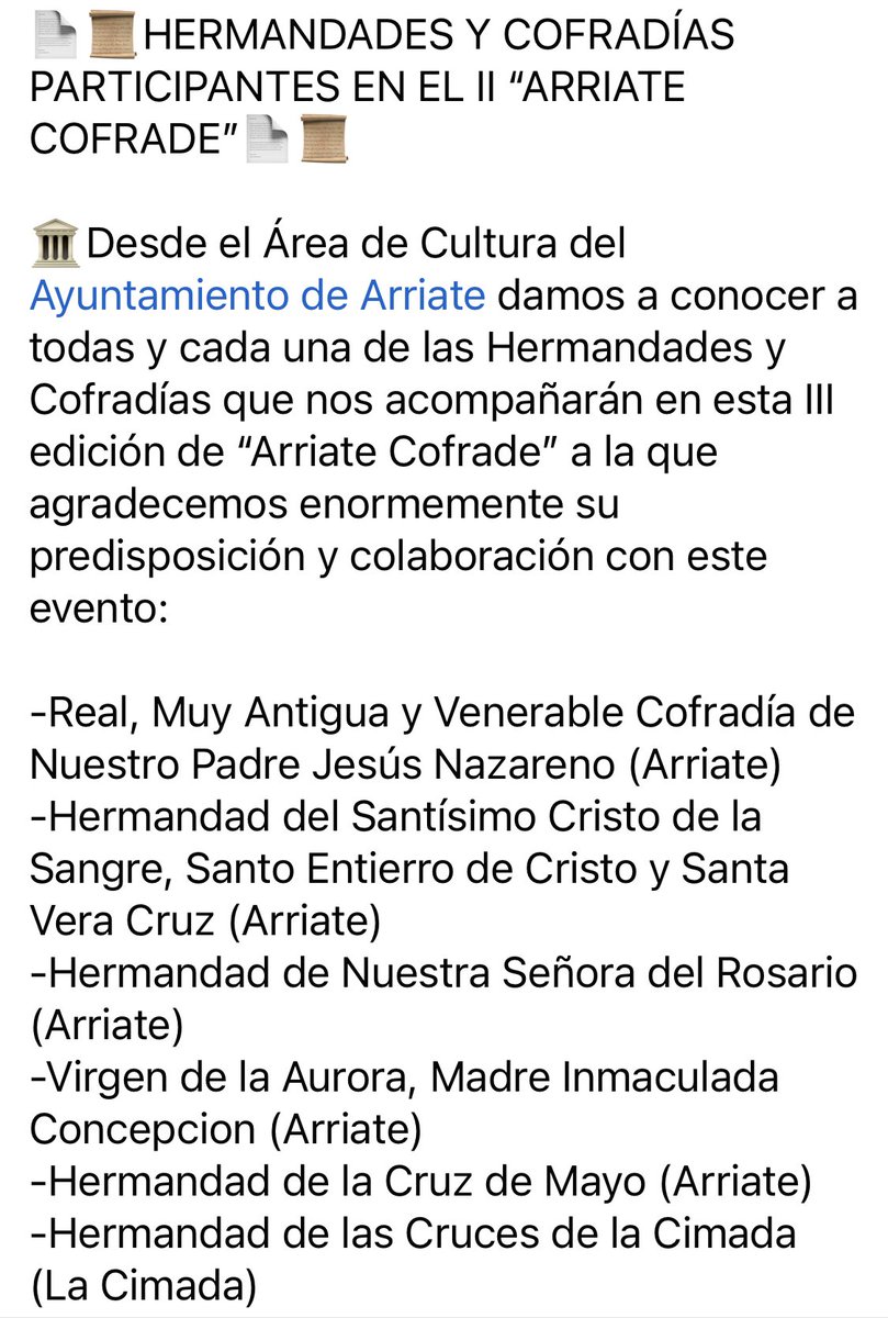 feriacofrade's tweet photo. 📄📜HERMANDADES Y COFRADÍAS PARTICIPANTES EN EL II “ARRIATE COFRADE”📄📜

🏛️Desde el Área de Cultura del Ayuntamiento de Arriate damos a conocer a todas y cada una de las Hermandades y Cofradías que nos acompañarán en esta III edición de “Arriate Cofrade”
¡Os esperamos! https://t.co/SK9YsSyl89