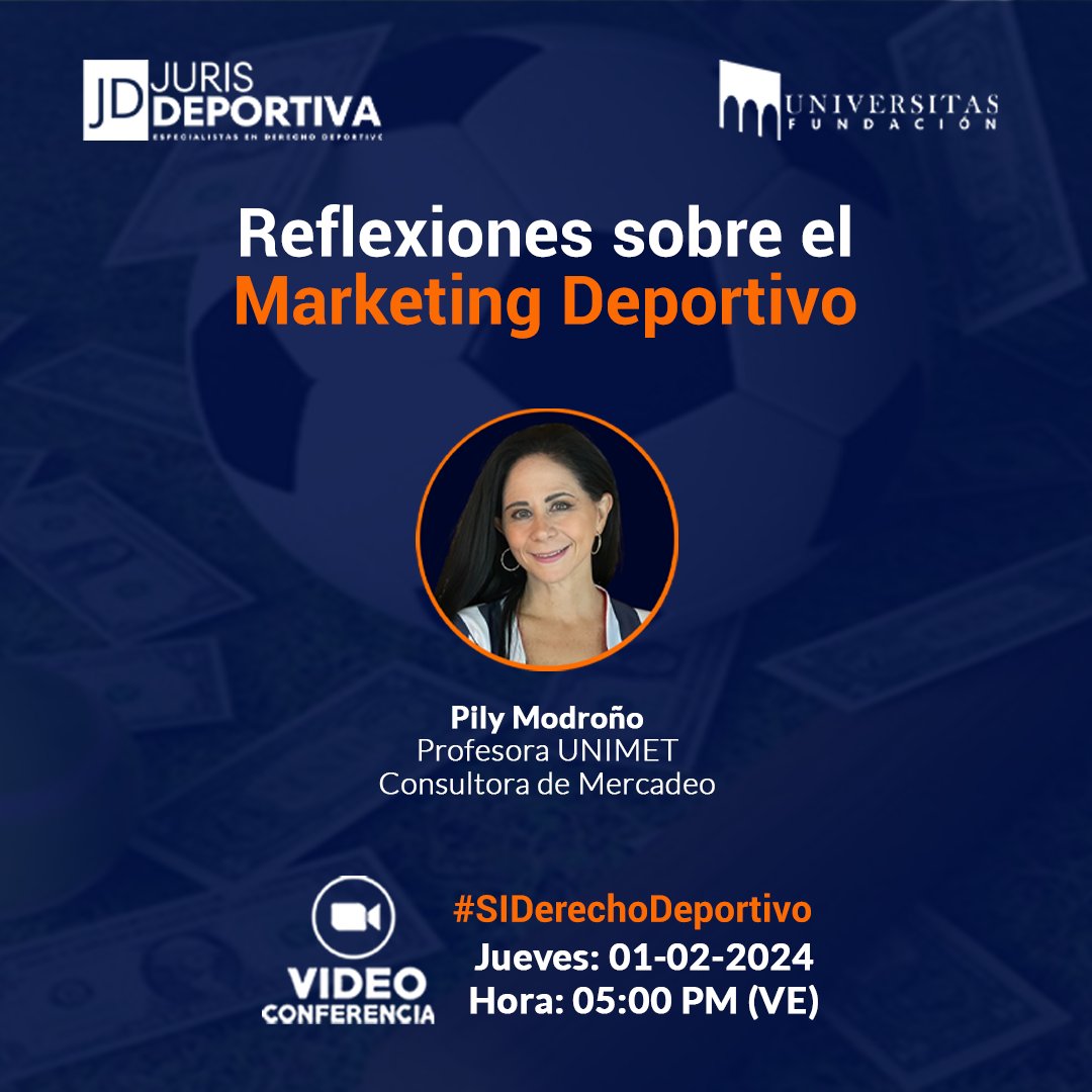#HOY a las 05:00 PM VE en #SIDerechoDeportivo

Reflexiones sobre el Marketing Deportivo

Con
<a href="/Pilymodrono/">Pily Modroño</a>, profesora de la <a href="/Unimet/">Unimet</a> y consultora de mercadeo

Para ver desde YouTube ingresa a 👉youtube.com/live/lg5aiFNOn…

<a href="/jurisdeportiva/">jurisdeportiva</a>
<a href="/Universitasf_/">Universitas</a>
 
#UniversitasEstáContigo