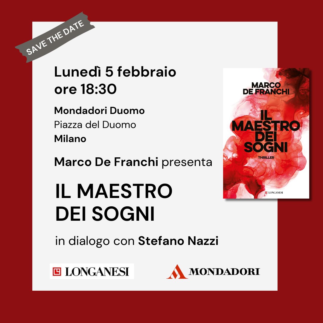 Lunedì 5 febbraio, a Milano, Marco de Franchi presenta il suo nuovo romanzo 'Il maestro dei sogni' in dialogo con @StefanoNazzi! Vi aspettiamo!