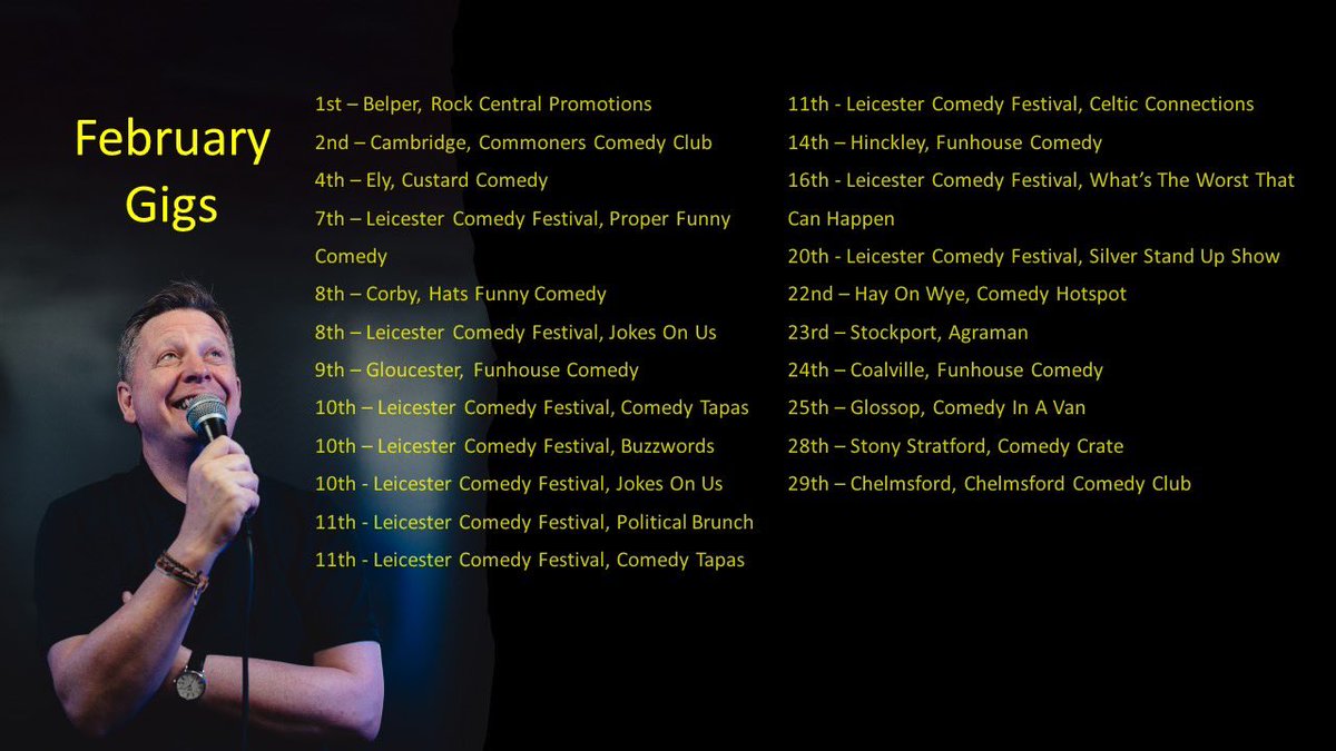 kdanielcomedy's tweet photo. Lots going on this month, including my solo show @LeicsComedyFest @JOUFreeFest as well as some really lovely gigs. If you’d like more details on any of these shows just send me a message. Thanks 🙏
#gigs #comedygigs #giglist #februarygigs #giggingcomedian #ontheroadagain https://t.co/51dFRrQP9F