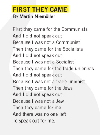 DrAshM2's tweet photo. As a physician in Alberta I’m not sure I can simply ignore the recent proposed changes to block healthcare for vulnerable trans children by the UCP:

Maybe time to stand up or look elsewhere for a government protecting human rights 

Always reminded of the poem first they came https://t.co/ATy0ZMj3KH