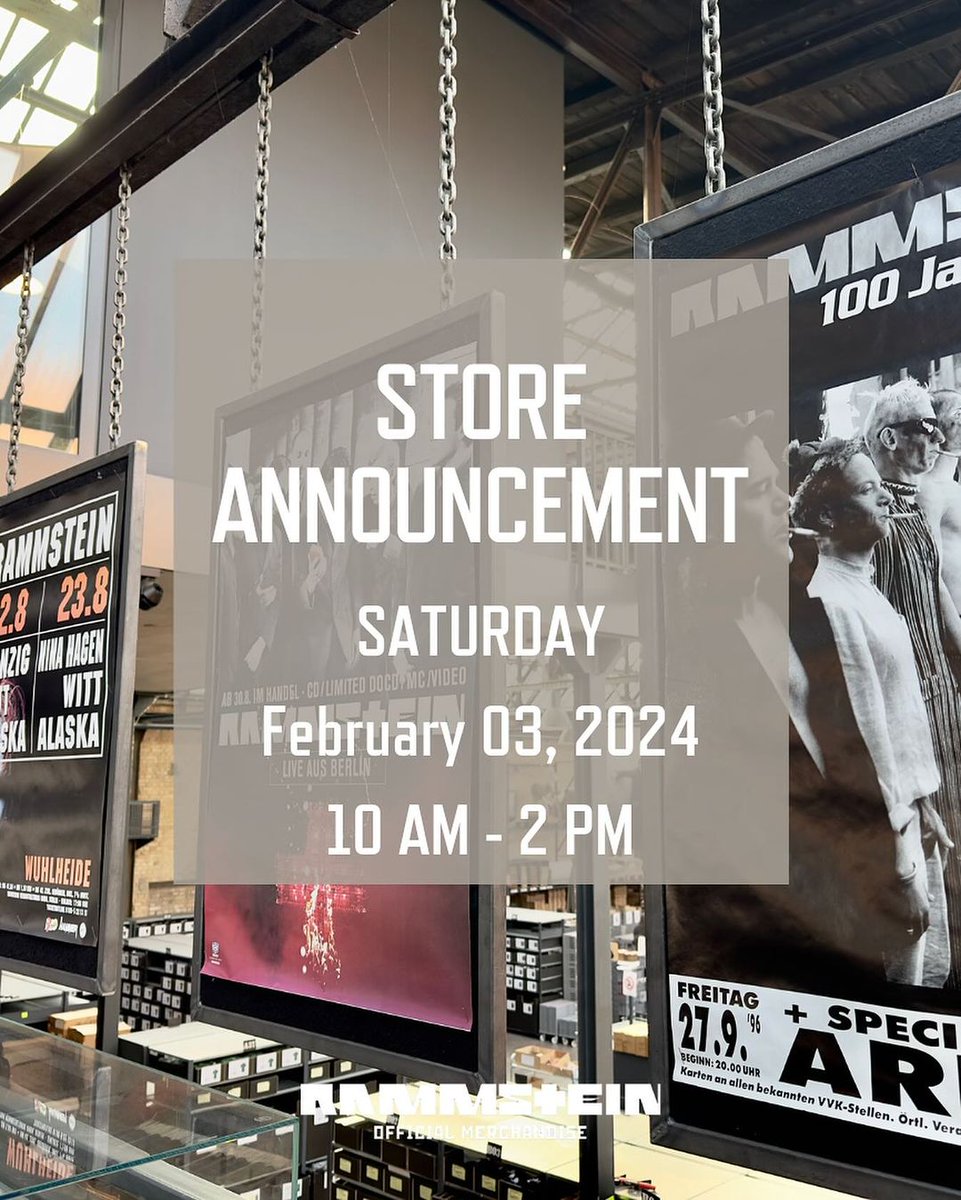 RammsteinShopUn's tweet photo. The Rammstein Store is open for you this Saturday from 10 am to 2 pm.
The next opening days are as follows: 17.02.2024 02.03.2024
More dates will be announced in time!
#Rammstein #RammsteinShop #rammsteinstore #rammsteinstoreberlin https://t.co/tftXsGtaYk