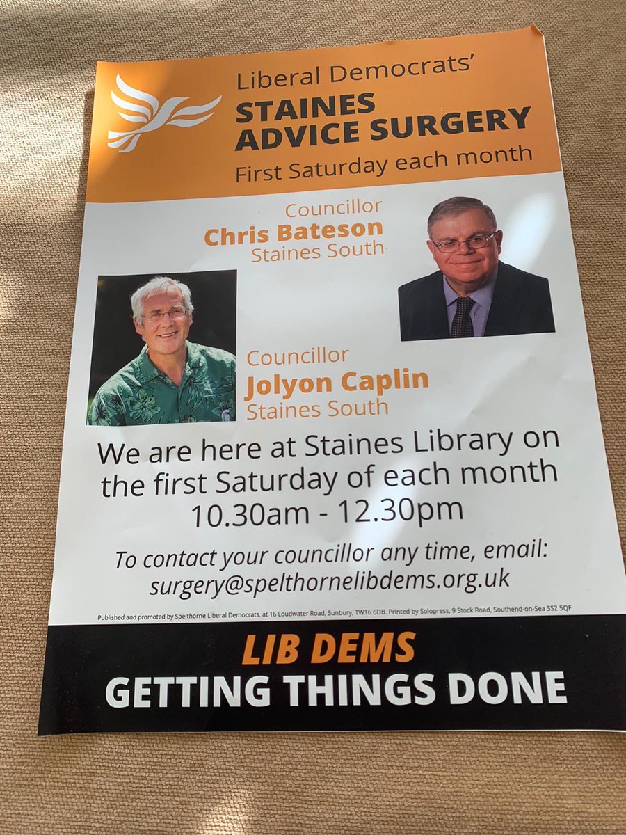 SpelthorneLibDe's tweet photo. Two Councillors will welcome your visit on the upcoming #SaturdaySurgery in Staines https://t.co/vI5lURk8PC