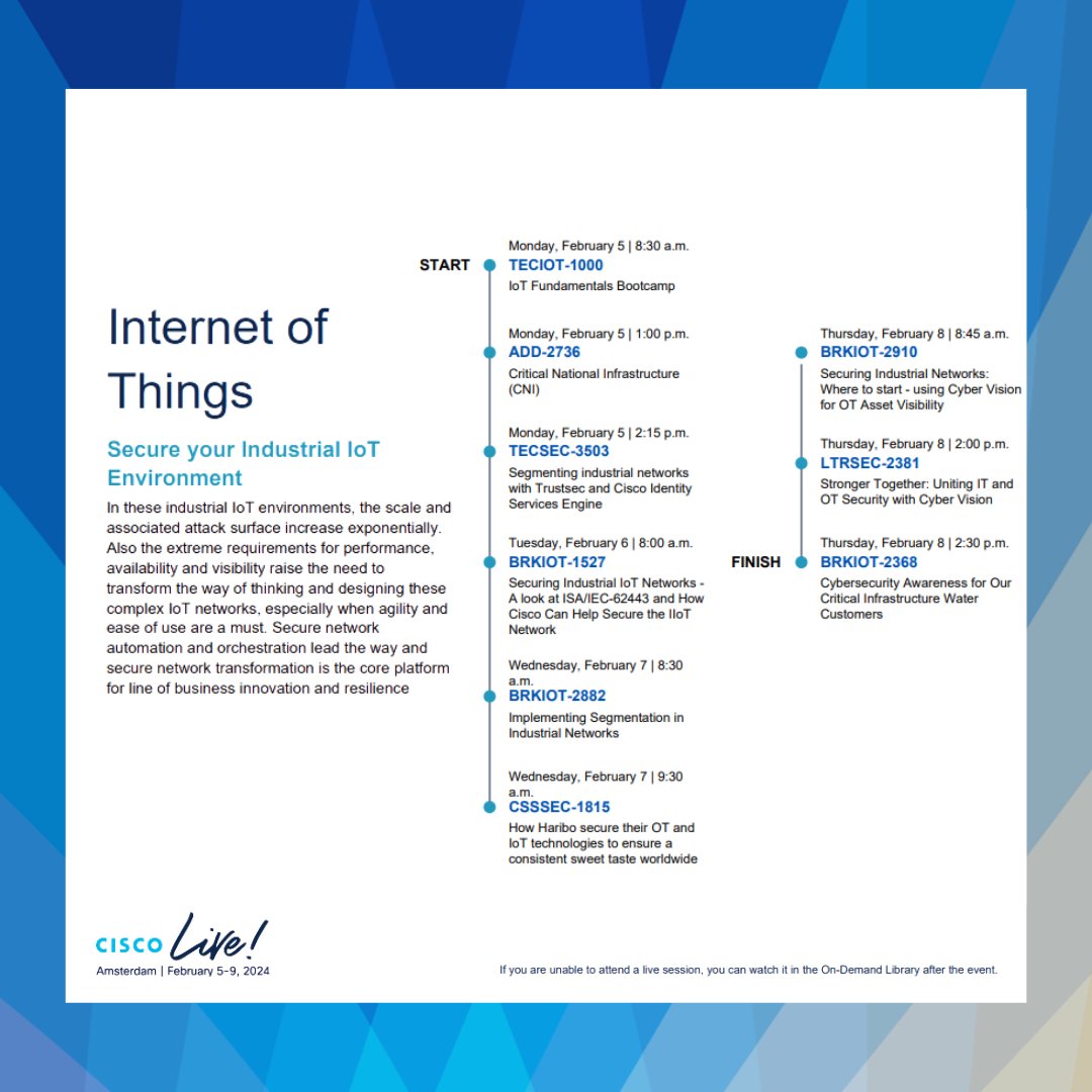 CiscoIIoT's tweet image. Follow these #CiscoIoT learning paths to help reach your learning goals and maximize your time at hashtag#CiscoLiveEMEA. 💡 Learn more: cs.co/6012pgSqC

Let us know which session you are most excited about in the comments below. ⬇