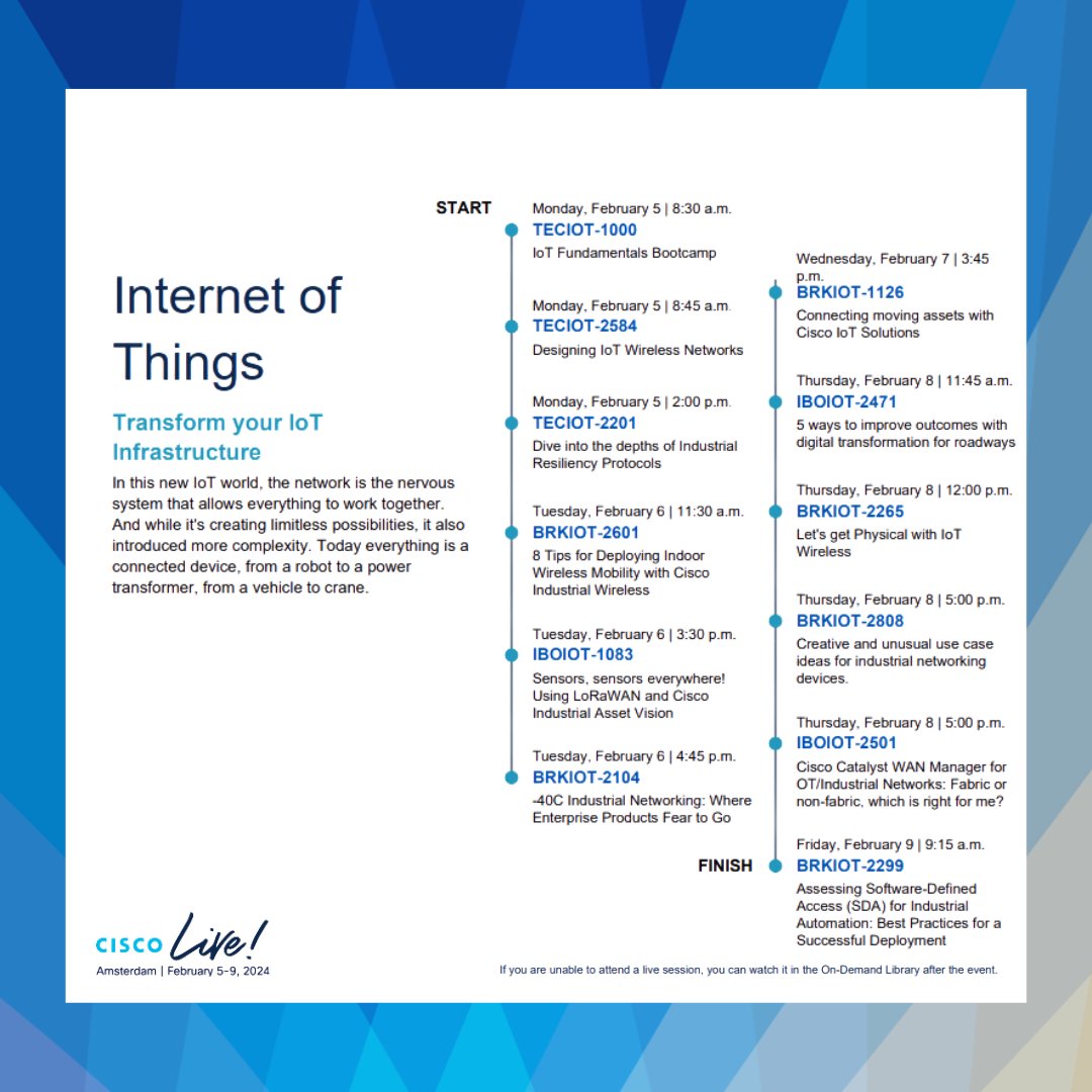 CiscoIIoT's tweet image. Follow these #CiscoIoT learning paths to help reach your learning goals and maximize your time at hashtag#CiscoLiveEMEA. 💡 Learn more: cs.co/6012pgSqC

Let us know which session you are most excited about in the comments below. ⬇