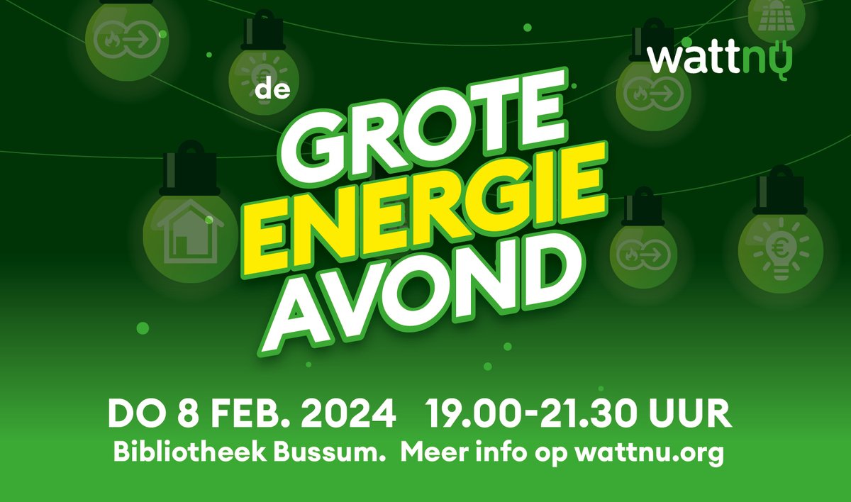 Op donderdag 8 februari organiseert @wattnuenergie 'De Grote Energieavond'. Op deze avond doe je kennis op over energie besparen, isoleren en verduurzamen. Meer informatie of aanmelden (gratis) kan hier: wattnu.org/actueel/de-gro….