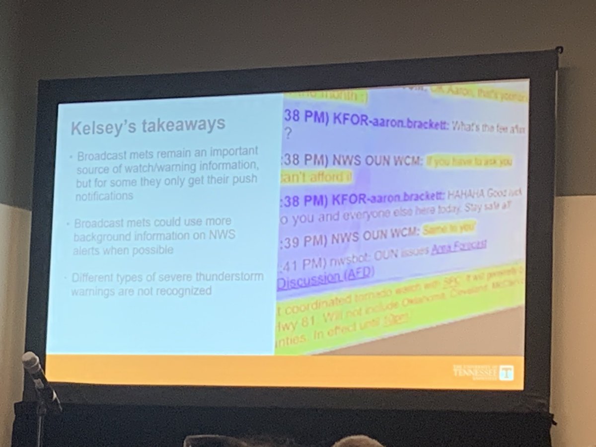 AMS_WAF's tweet photo. Takeaways from @bencatheywvlt and Dr. Kelsey Ellis during the talk “Without a Warning: The Role of Broadcast Meteorologists in Shaping Tornado Risk Perception during an Undetected Tornado” joint between @amswrn and #2FUTURE. #AMS2024 #Baltimore https://t.co/PoVIN2kcAd