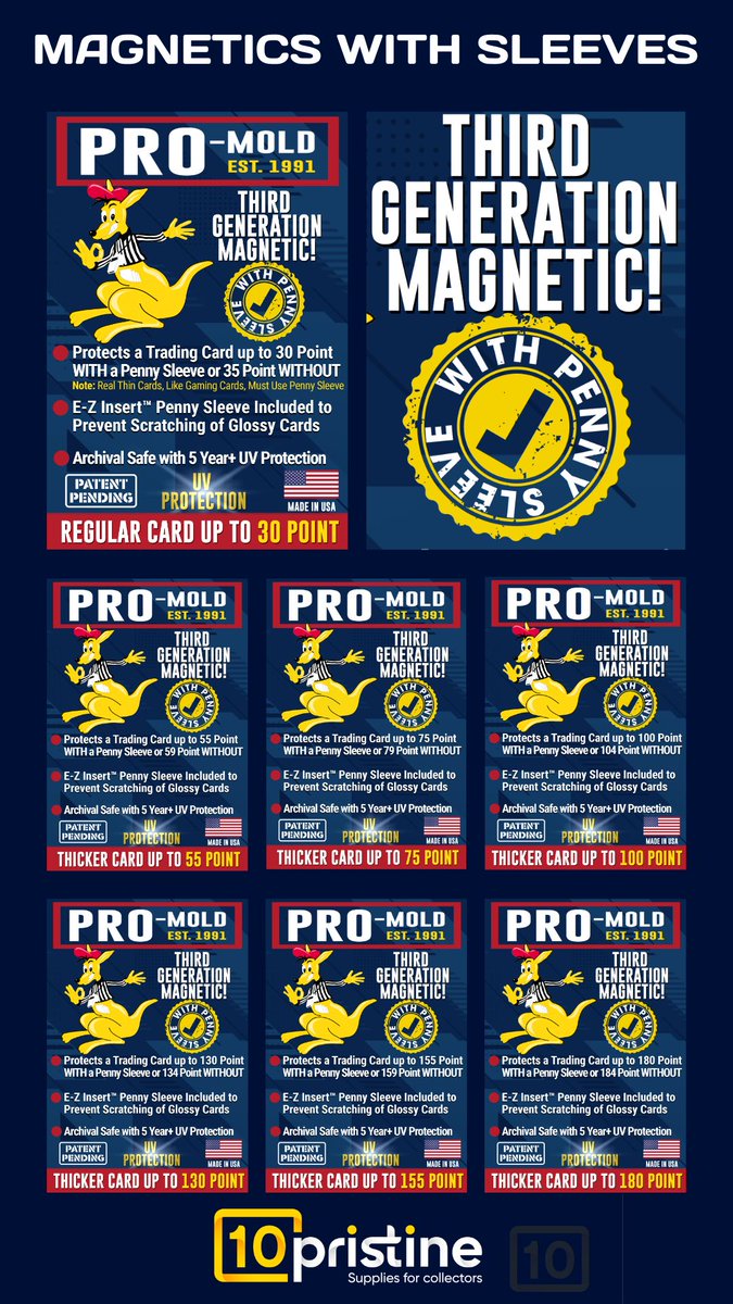 tenpristine's tweet image. 🚨NUEVO PRODUCTO🚨
Disponible en Stock, la gama de Magnetics de @ProMold de 3º Generacion con Sleeve. Desde 30pt a 180pt, protege tus tesoros con los mejores productos del mercado. 
Los mejores marcas y productos para los coleccionistas mas exigentes los tienes en @10pristine