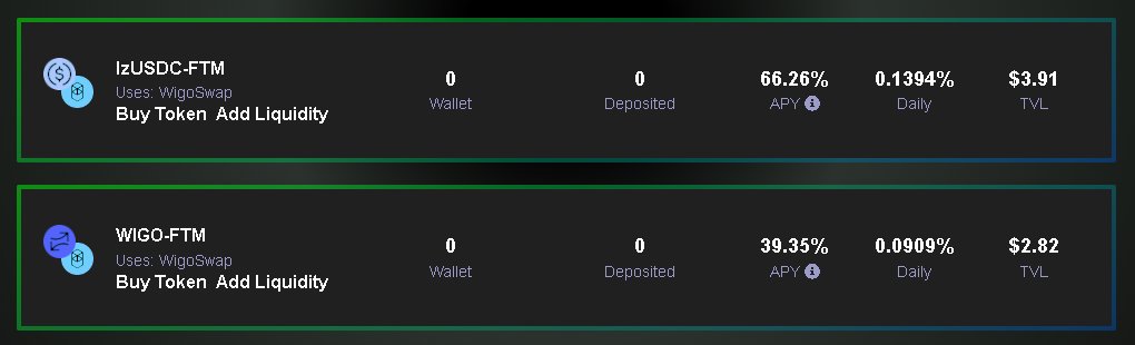 <a href="/WigoSwap/">WigoSwap</a> vaults are live at Xpandr! 

$WIGO - $FTM   39% APY
$lzUSDC - $FTM  66% APY

Bringing 3.5% performance fees to more platforms on <a href="/FantomFDN/">Fantom Opera</a>