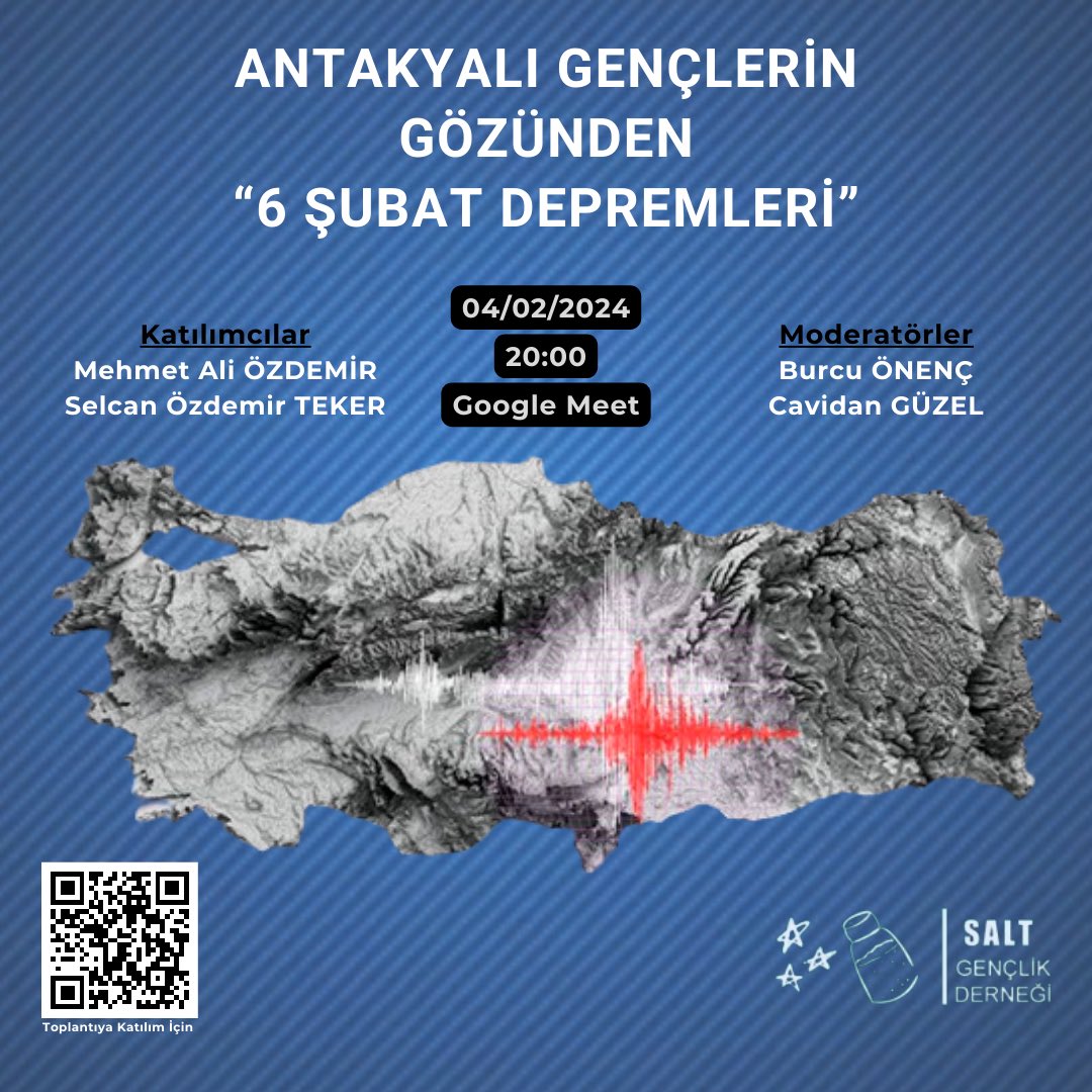 saltgenclik's tweet photo. Birinci yılına yaklaşırken…
Antakyalı Gençlerin Gözünden “6 Şubat Depremleri ”

Gençlerin iyi olma haline yönelik konuşuyoruz.. 🎥

🗓️ 4 Şubat 2024 Pazar
⏰ Saat: 20:00 
🖥️ Yayına katılım için (QR) karekodu kullanabilirsiniz.

#6şubat #deprem #hatay #earthquake https://t.co/SSy8vIffh6