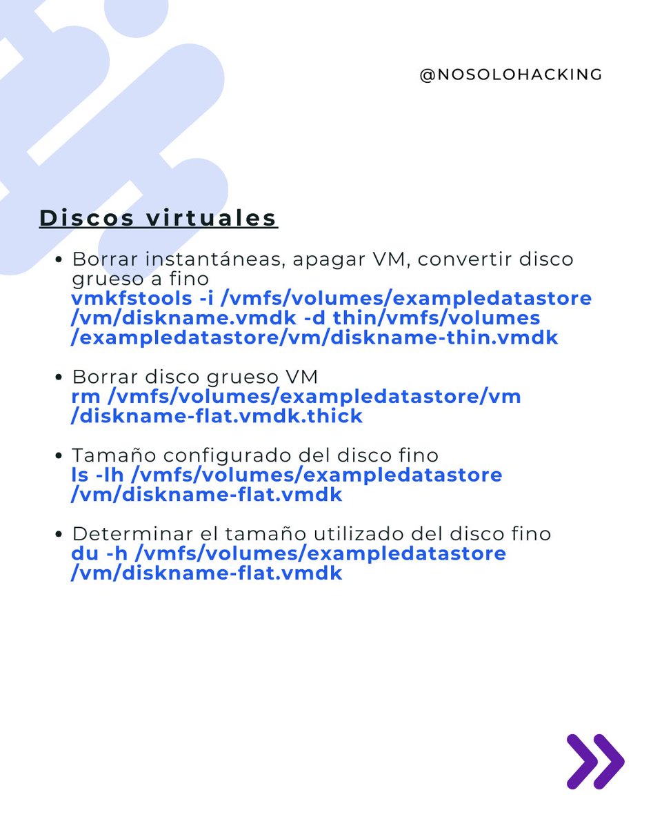 nosolohacking's tweet photo. 21 Comandos fundamentales VMware ESXi.
#nosolohacking #sisadmin #esxi #devops #sysadmin #comandos #tecnologia #informatica #tipsinformaticos #vmware #virtualizacion #virtualization https://t.co/ryympbzanp