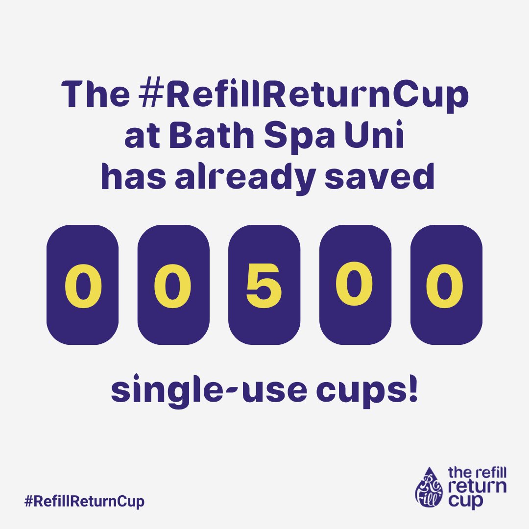 Refill's tweet image. Since launching on 22nd Jan, the #RefillReturnCup at @BathSpaUni has already saved 500 single-use cups!🙌🥳
A HUGE shout out to the 5 outlets across the Uni who have embraced the #RefillRevolution to achieve these amazing results to help staff &amp;amp; students break up with single-use!