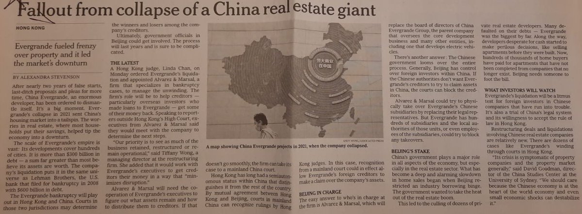 GiulioTerzi's tweet image. #NYTimes Fallout from collapse of a China real estate giant.
Interessante analisi sui risvolti del fallimento del colosso immobiliare Cinese #Evergrande e della messa in liquidazione sancita dal Tribunale di Hong Kong.
Le preoccupazioni nel settore immobiliare - rileva il