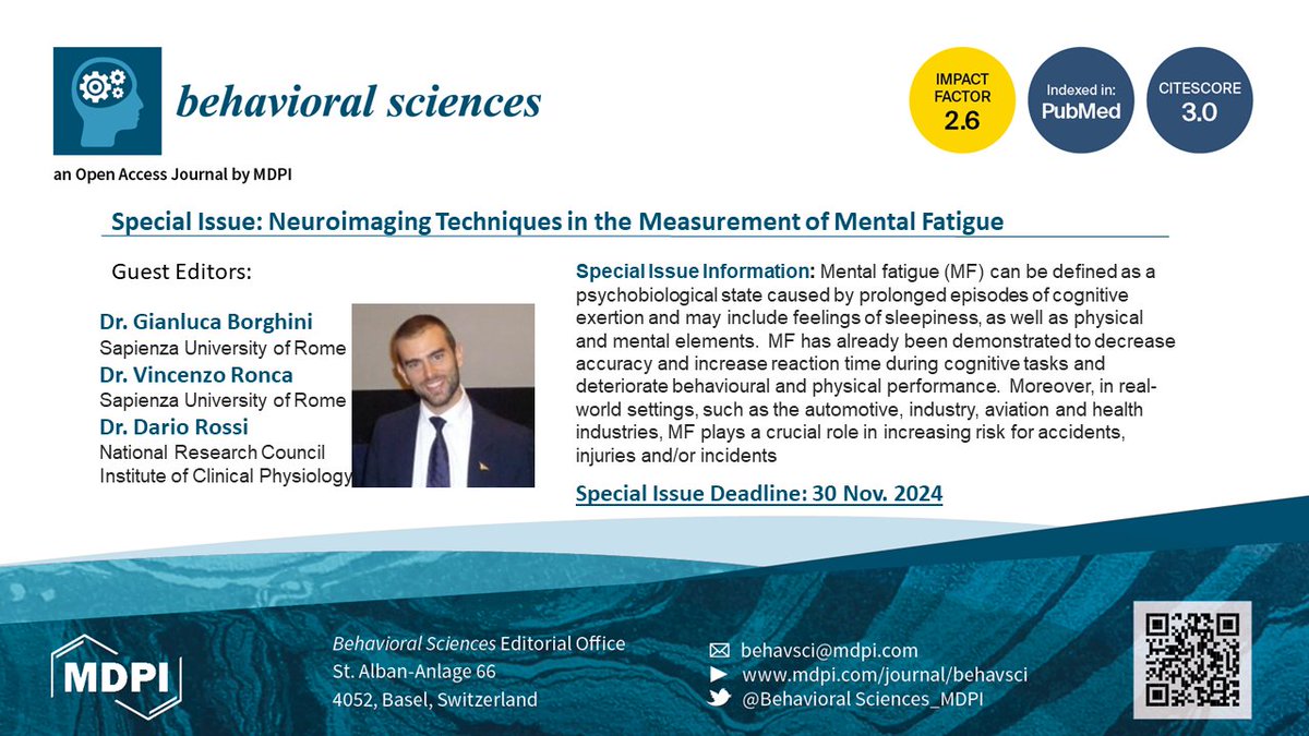 📢Submit your manuscripts to our new special issue Neuroimaging Techniques in the Measurement of Mental Fatigue! 

👉Deadline Submission: 30 November 2024
mdpi.com/journal/behavs…

#neurophysiological #neuroscience #neuroimaging