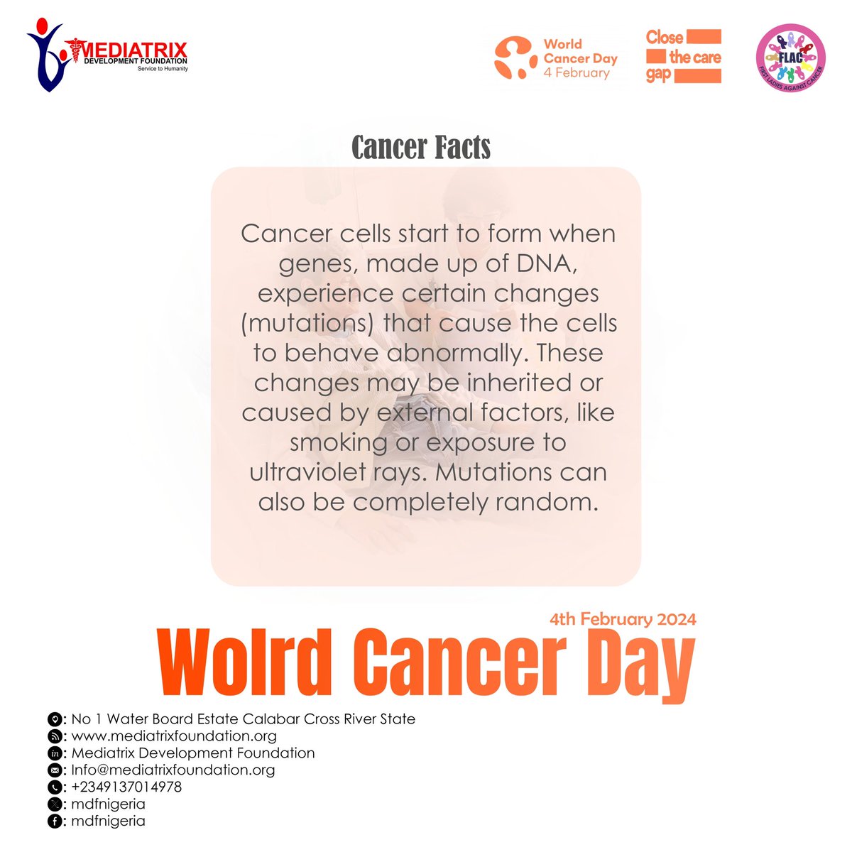 mdfnigeria's tweet photo. Spread awareness about cancer by sharing vital information on prevention, early detection, and offering support to those impacted.
#Worldcancerday
#feb4th
#CancerAwarenesscampaign https://t.co/GE4L1XXXf0