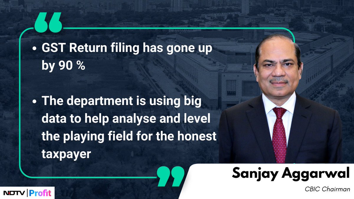 @cbic_india @FinMinIndia #GST return filing has gone up by 90%, says @cbic_india Chairman Sanjay Kumar Agarwal. @finminindia #BudgetWithNDTVProfit #NDTVProfitLive Watch: bit.ly/3unKMgn