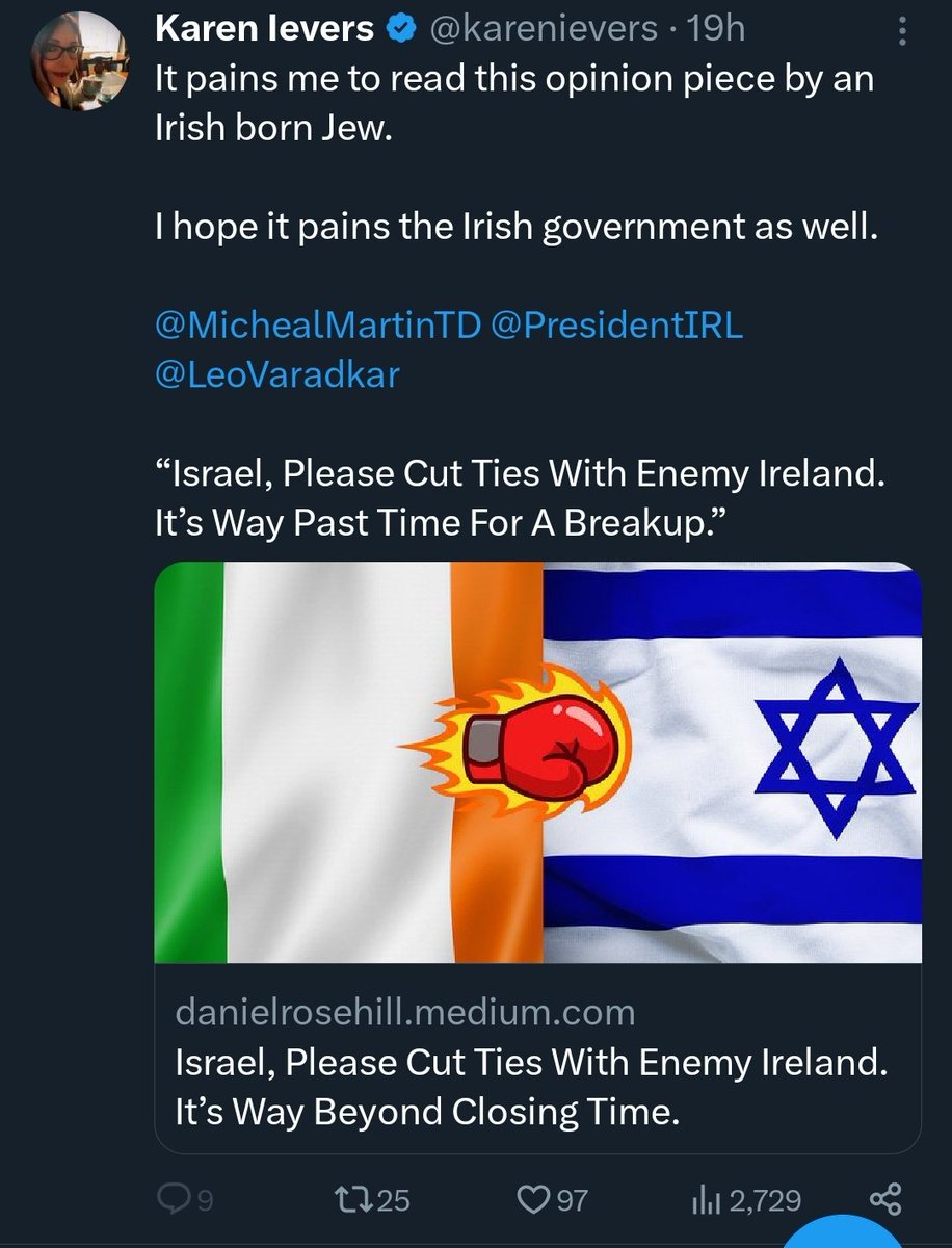 The big house has turned off her replies again.
  This piece is the usual lies and deflection, conflating Jews,Zionists and Israelis in the usual way. Playing us for fools.
How anyone claiming to be Irish could support the murder of 10,000 children is beyond me. Stop killing kids